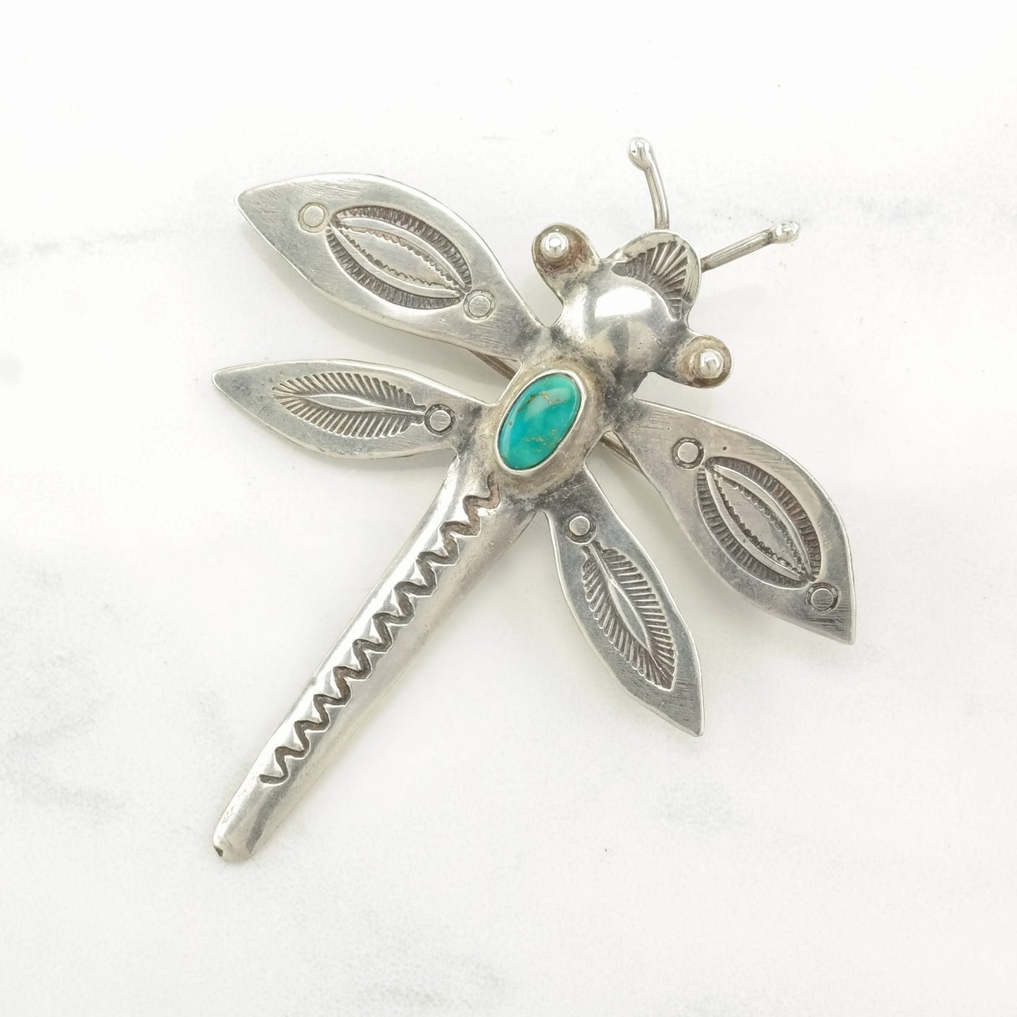 Native American Sterling Silver Brooch Stamped, Dragonfly Turquoise