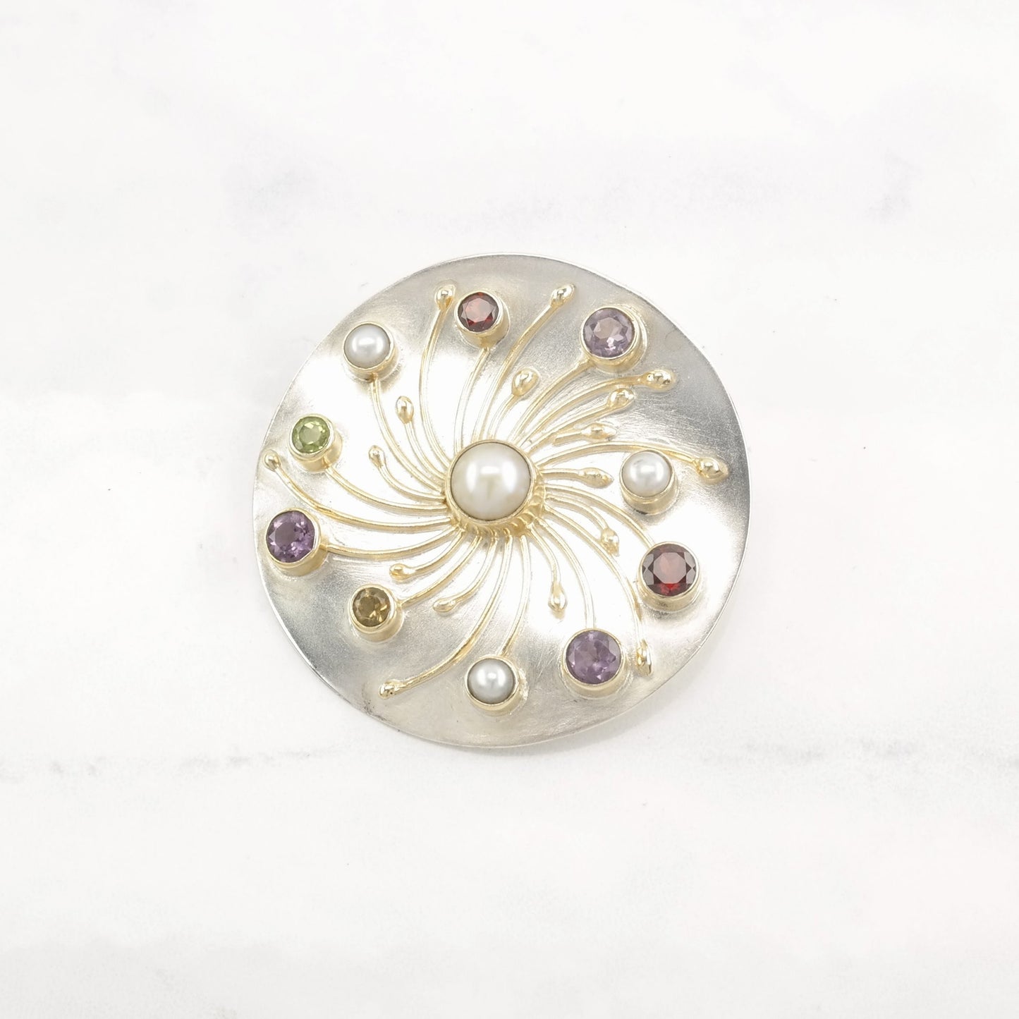 Vintage Modernist Pearl, Multi Gemstone Sterling Silver Pendant Brooch