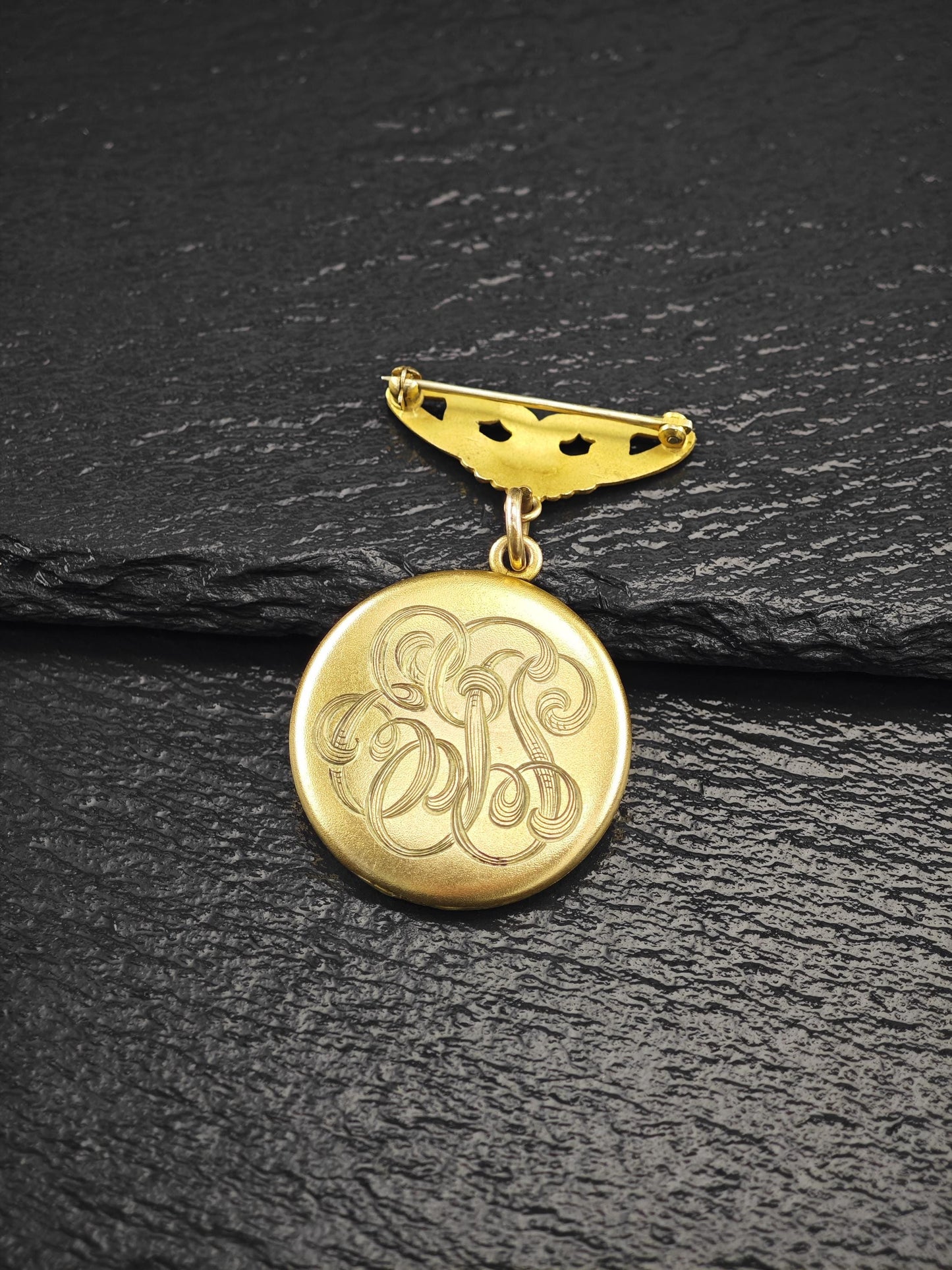 Art Nouveau Monogram Locket, Gold Diamond Brooch