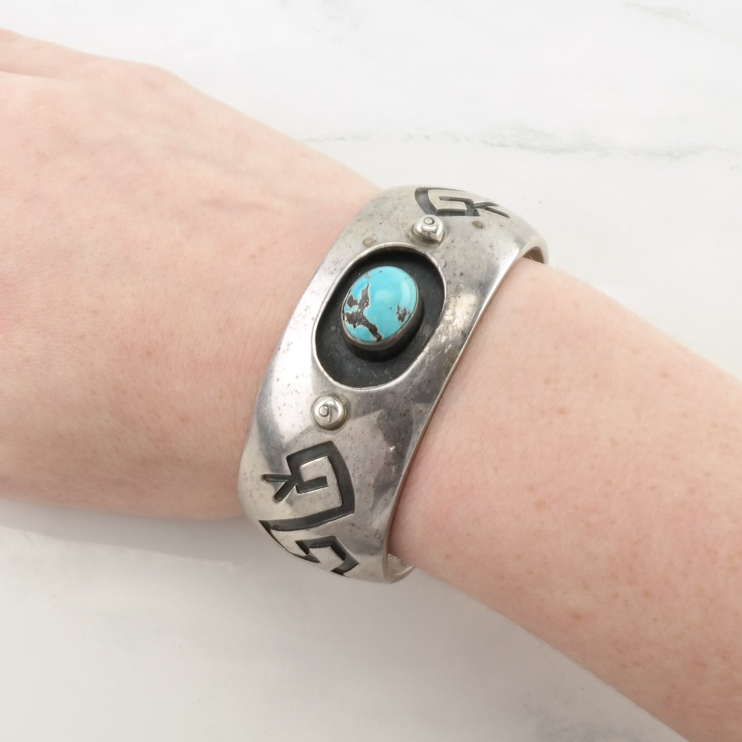 Native American Sterling Silver Cuff Bracelet Blue Turquoise Overlay