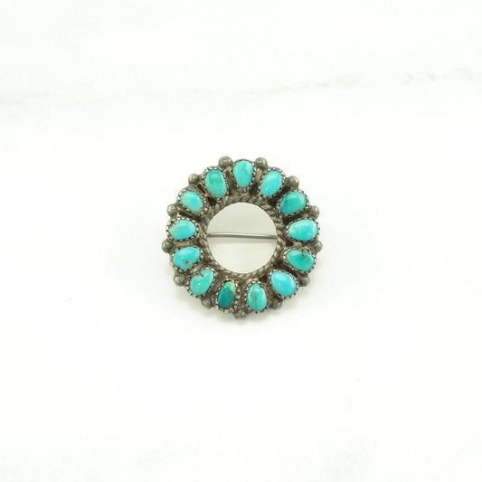 Zuni Sterling Silver Brooch Circle, Sun Blue Turquoise, Cluster