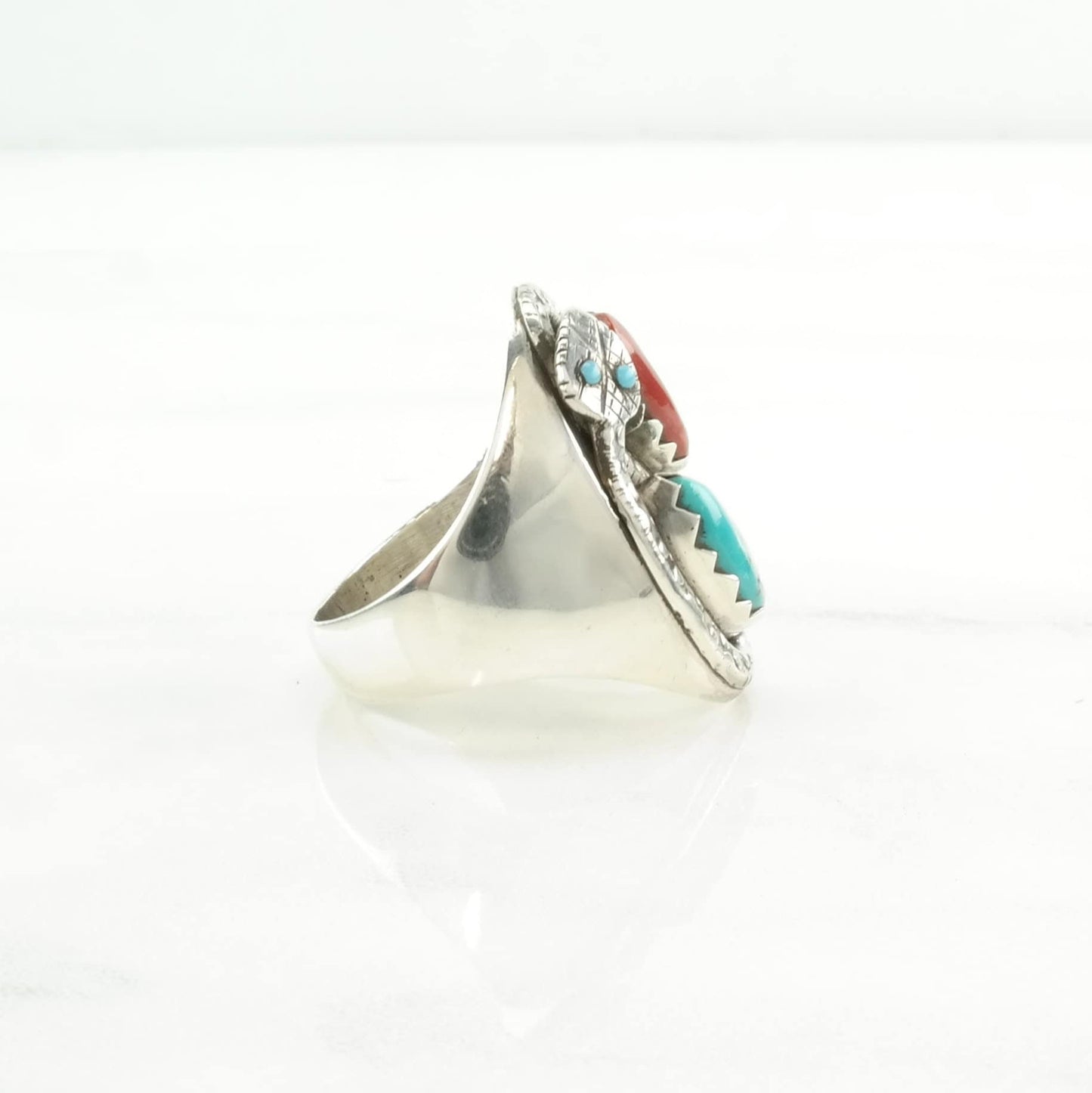 Zuni Silver Ring Turquoise, Coral Snake Sterling Blue, Red Size 11 1/2