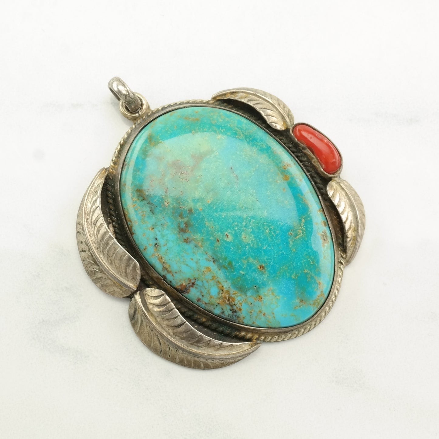 Sw Turquoise, Coral Feather Sterling Silver Pendant P2268