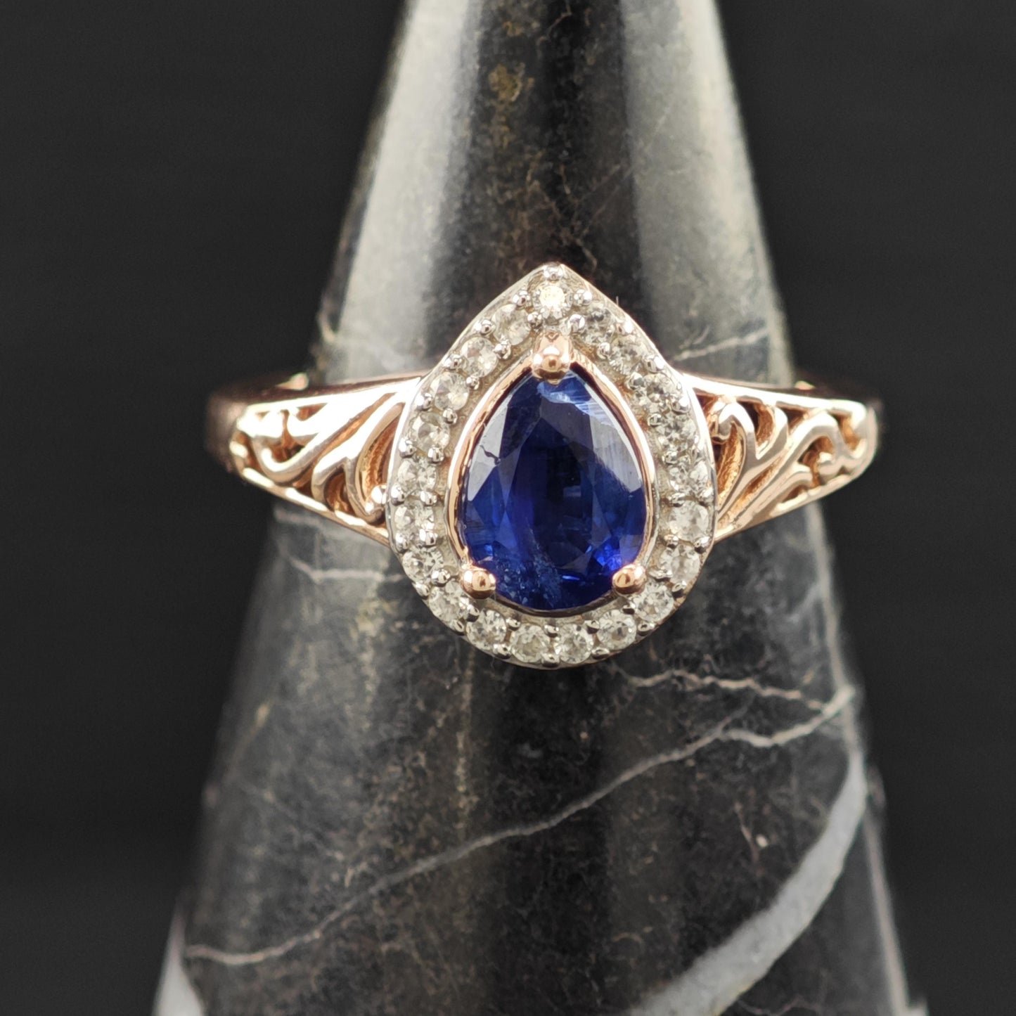Natural Sapphire Teardrop 14K Rose Gold Plated Ring Sterling Silver Sz 5 R6167