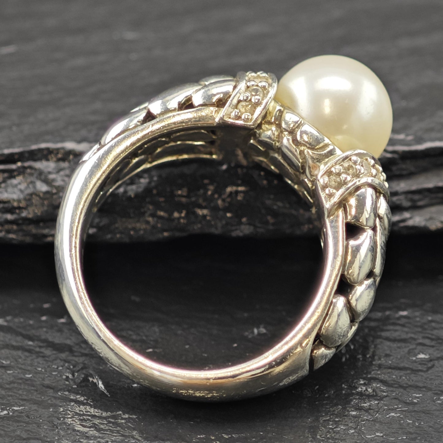 Effy Diamond Pearl Ring Sterling Silver Sz 7 1/4 R6029