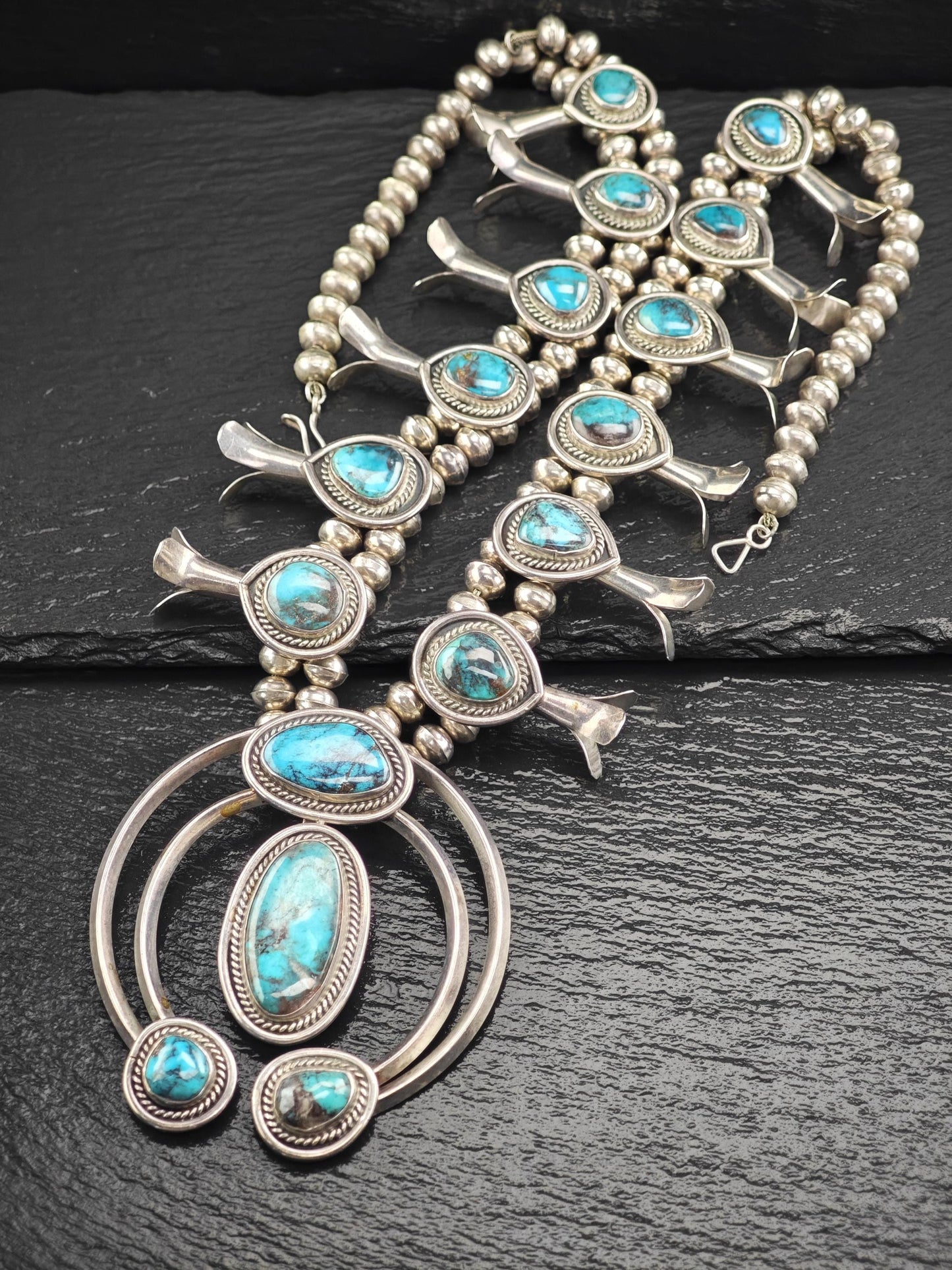 Native American Blue Smokey Bisbee, Large Squash Blossom Necklace Sterling Silver