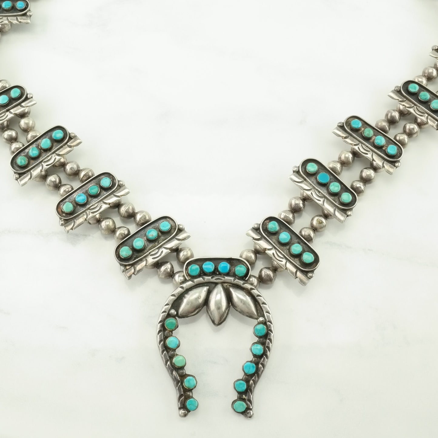 Native American Sterling Silver Blue Turquoise Cluster Squash Blossom Necklace