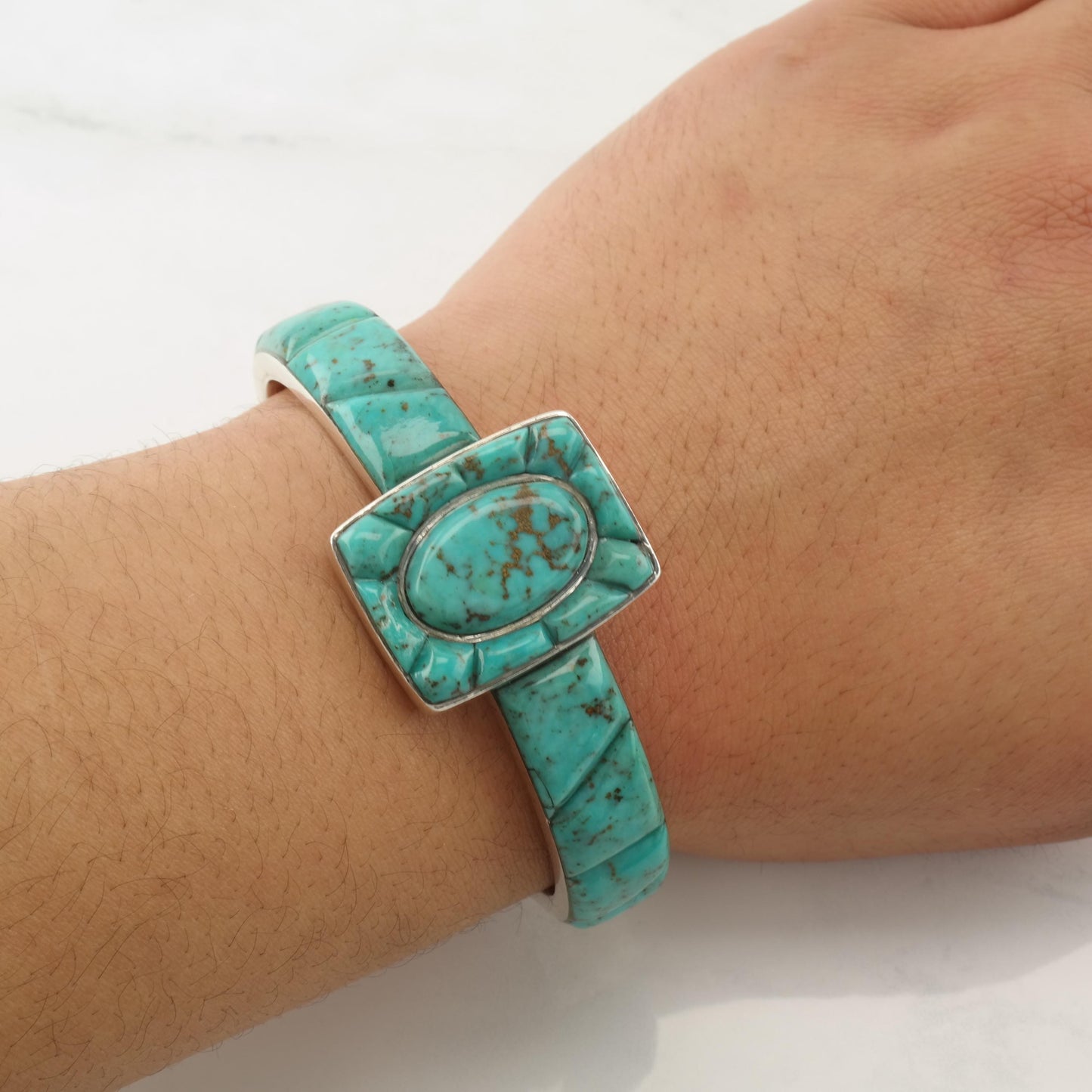 Southwest Turquoise Cobble Stone Inlay Cuff Bracelet Sterling Silver