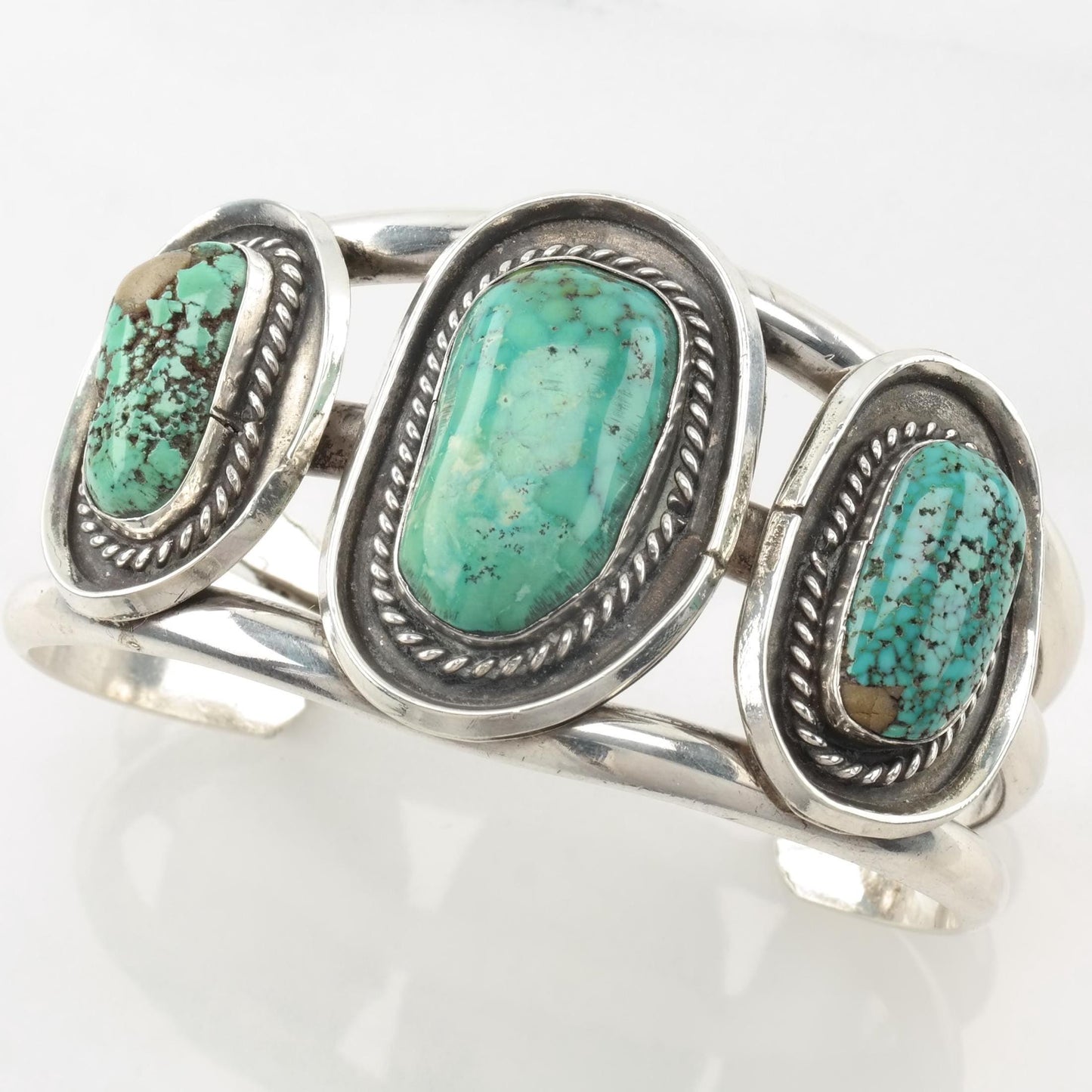 Native American Turquoise Cuff Bracelet Sterling Silver Green Spiderweb Waterweb