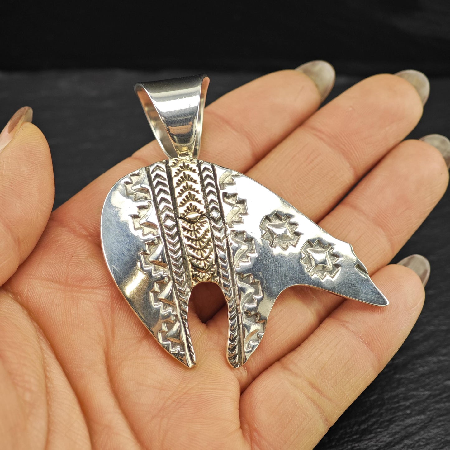 Native American Bear 14K Gold Accent Pendant Sterling Silver P2833
