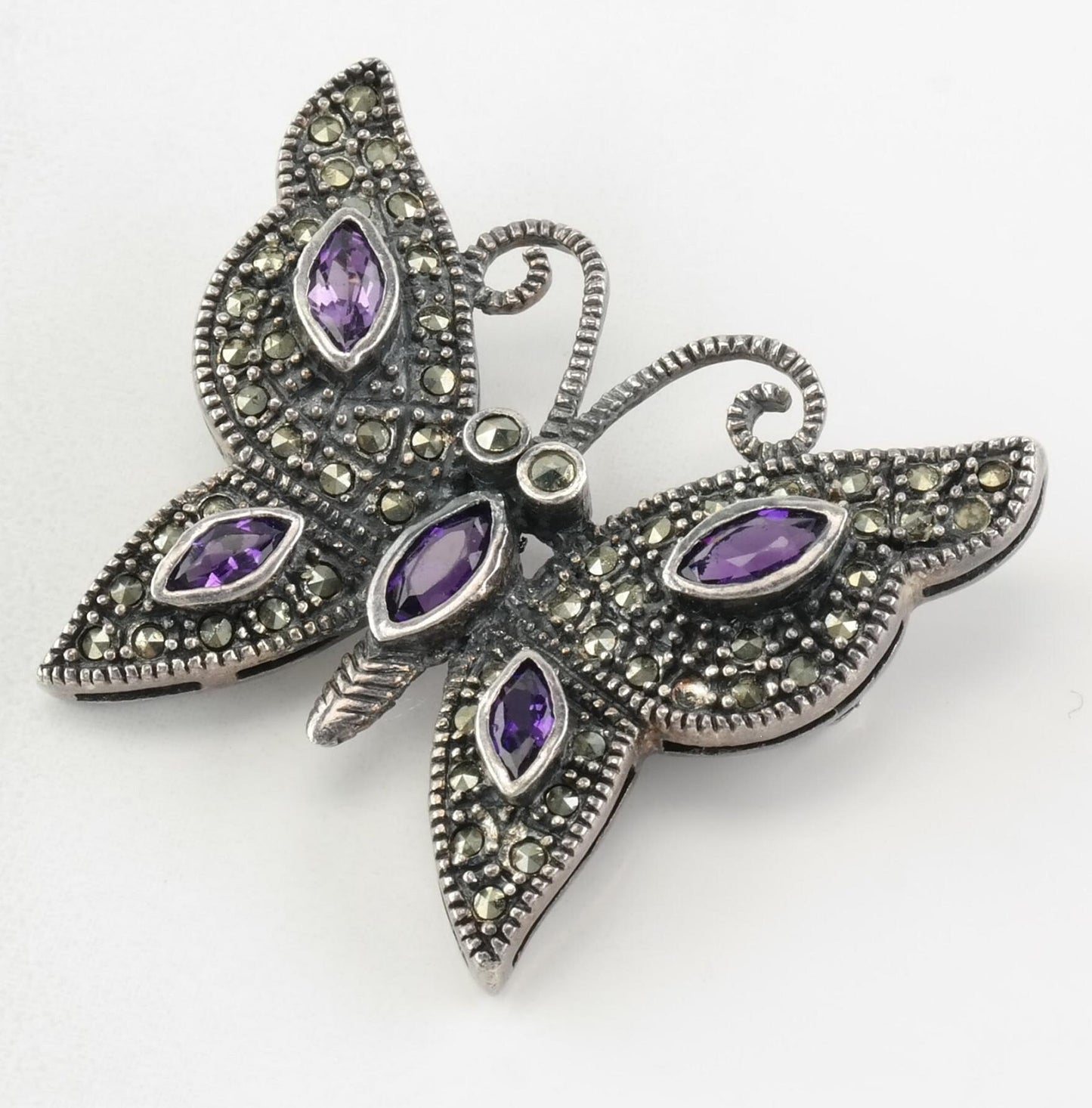 Art Deco Brooch Butterfly Amethyst Marcasite Sterling Silver