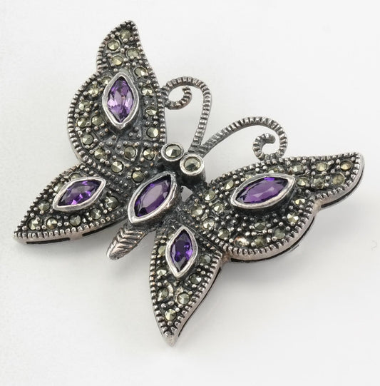 Art Deco Brooch Butterfly Amethyst Marcasite Sterling Silver