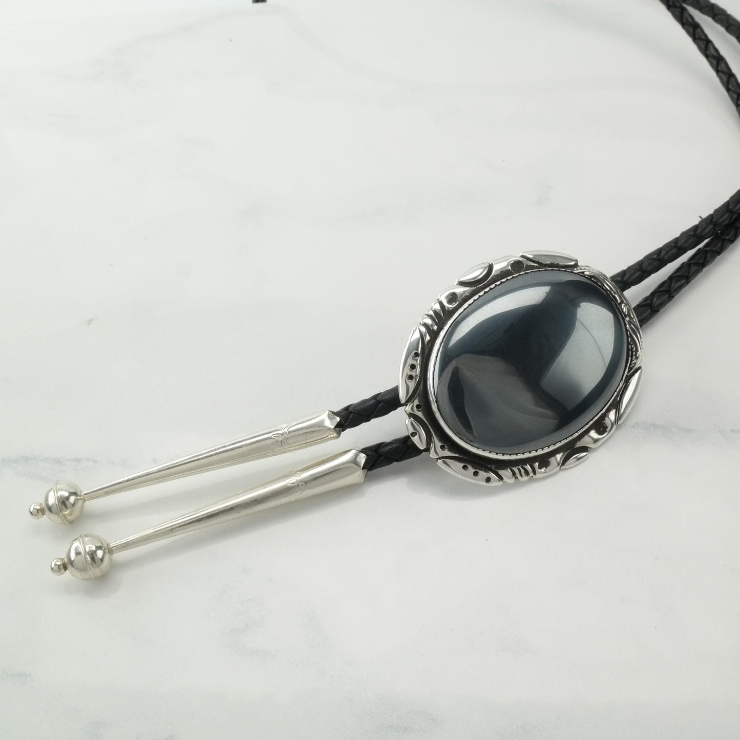 Black Hematite Bolo Tie Necklace Southwest Sterling Silver Vintage