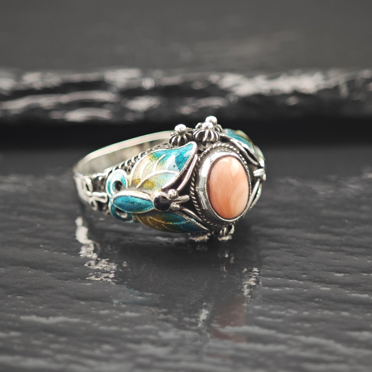Chinese Export Enamel Conch Butterfly Ring Sterling Silver