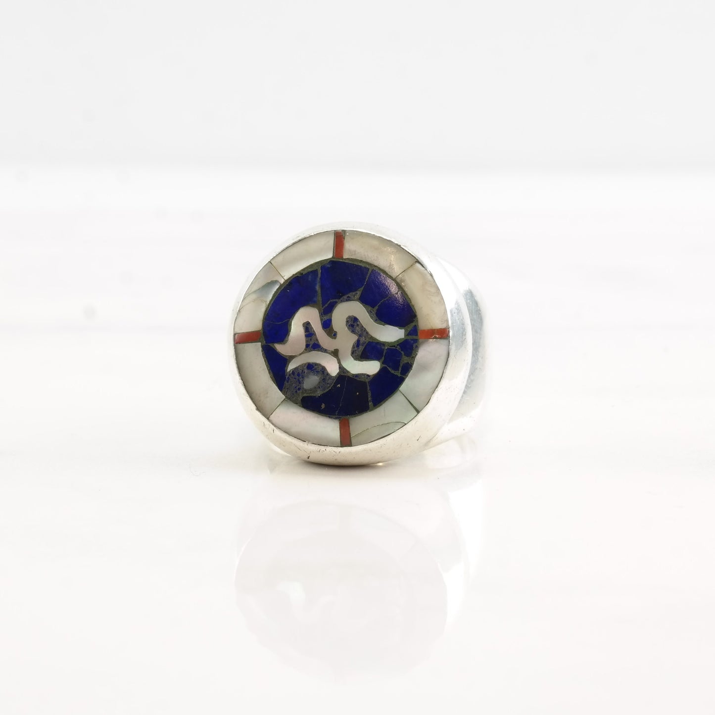 Middle Eastern Silver Ring MOP Lapis Coral Inlay Sterling Size 7 3/4