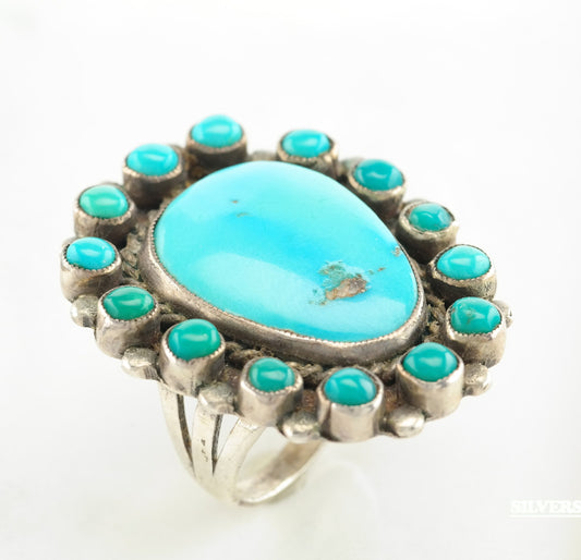 Native American Cluster Sterling Silver Ring Size 9.5 Blue Sleeping Beauty Turquoise