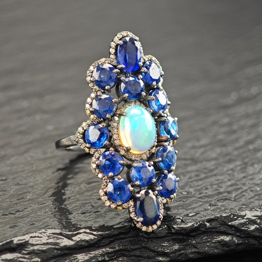 Oxidized Sterling Silver Diamond Sapphire, Opal Ring