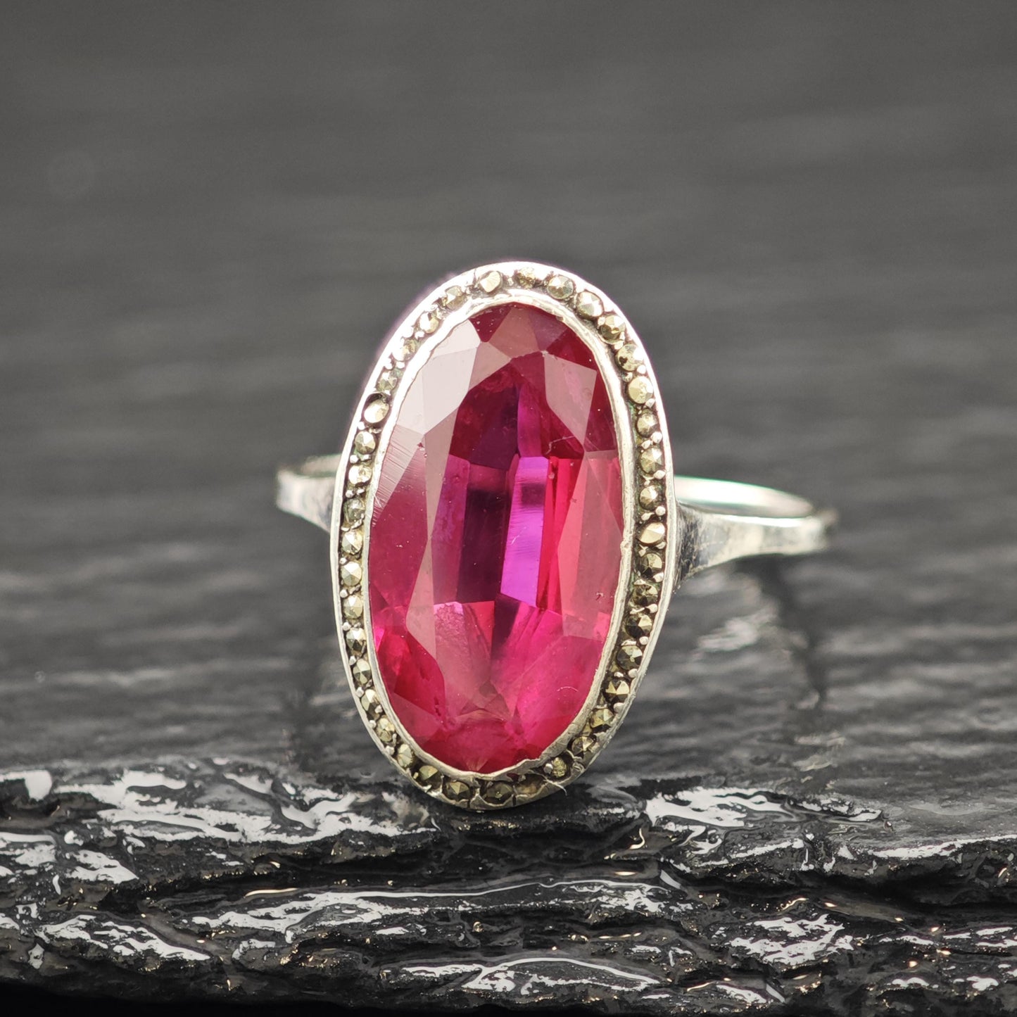 Art Deco Style Lab Ruby Ring Sterling Silver Sz 7 R6186