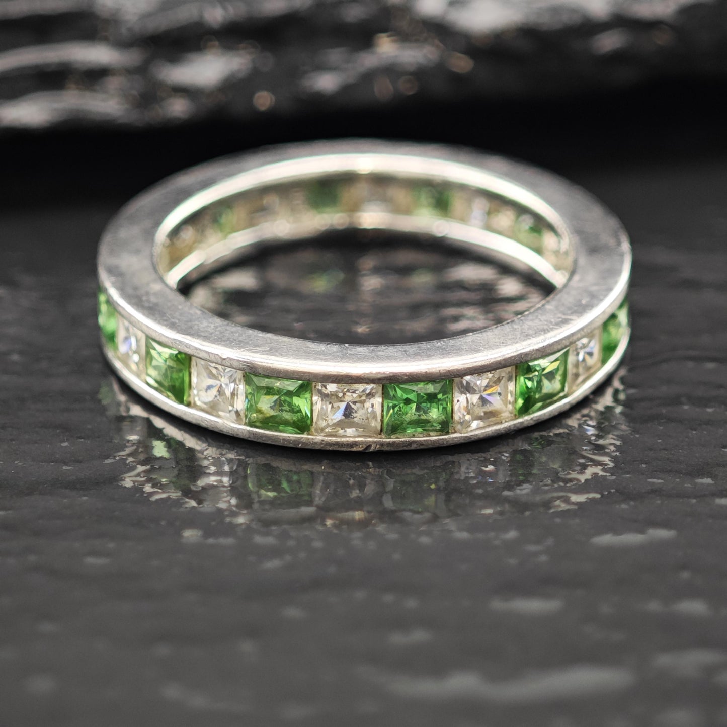 Sterling Silver Ring Green and White CZ Band Size 9 R6046
