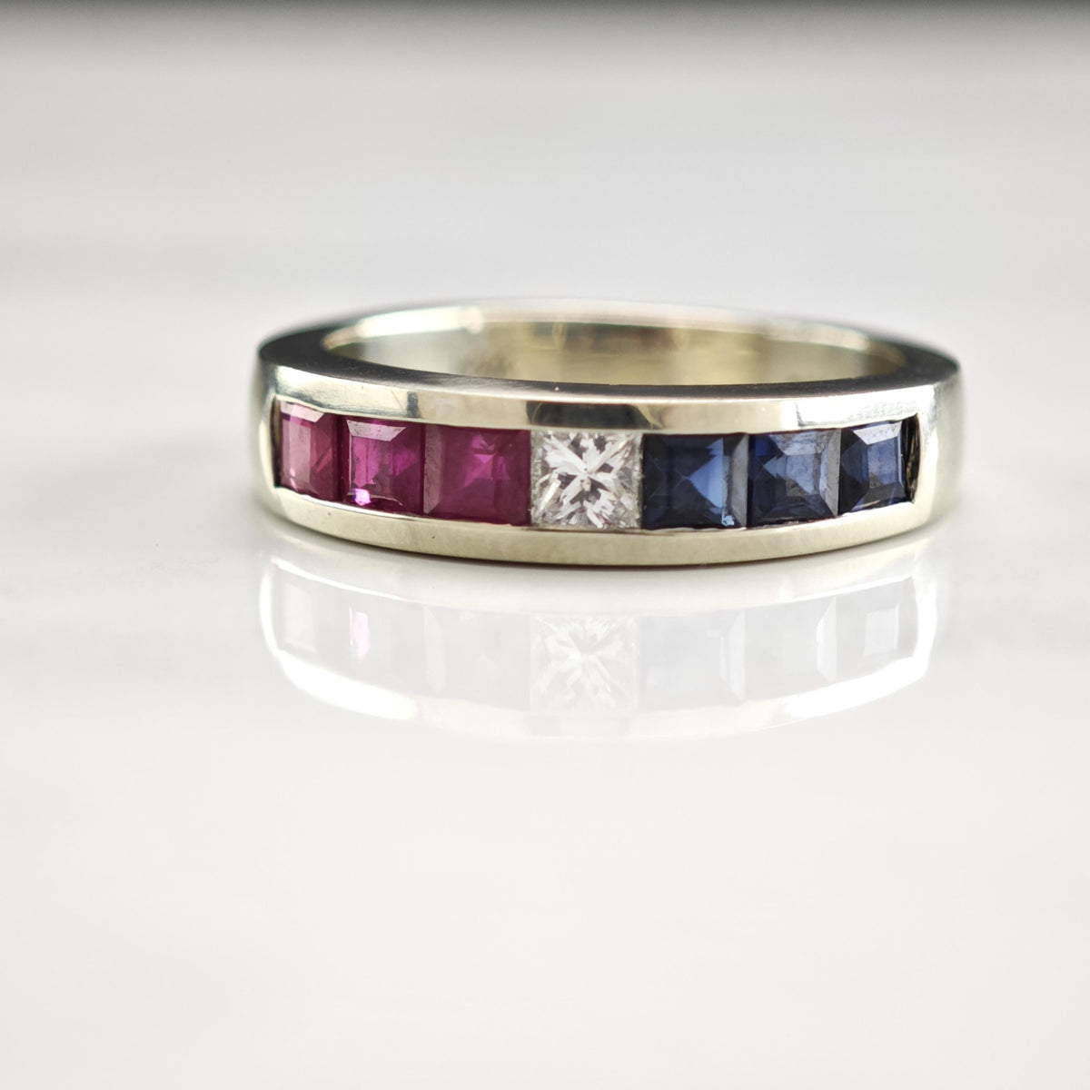 Red White & Blue Diamond Ruby Sapphire 14K White Gold Ring Sz 5 3/4 R6804
