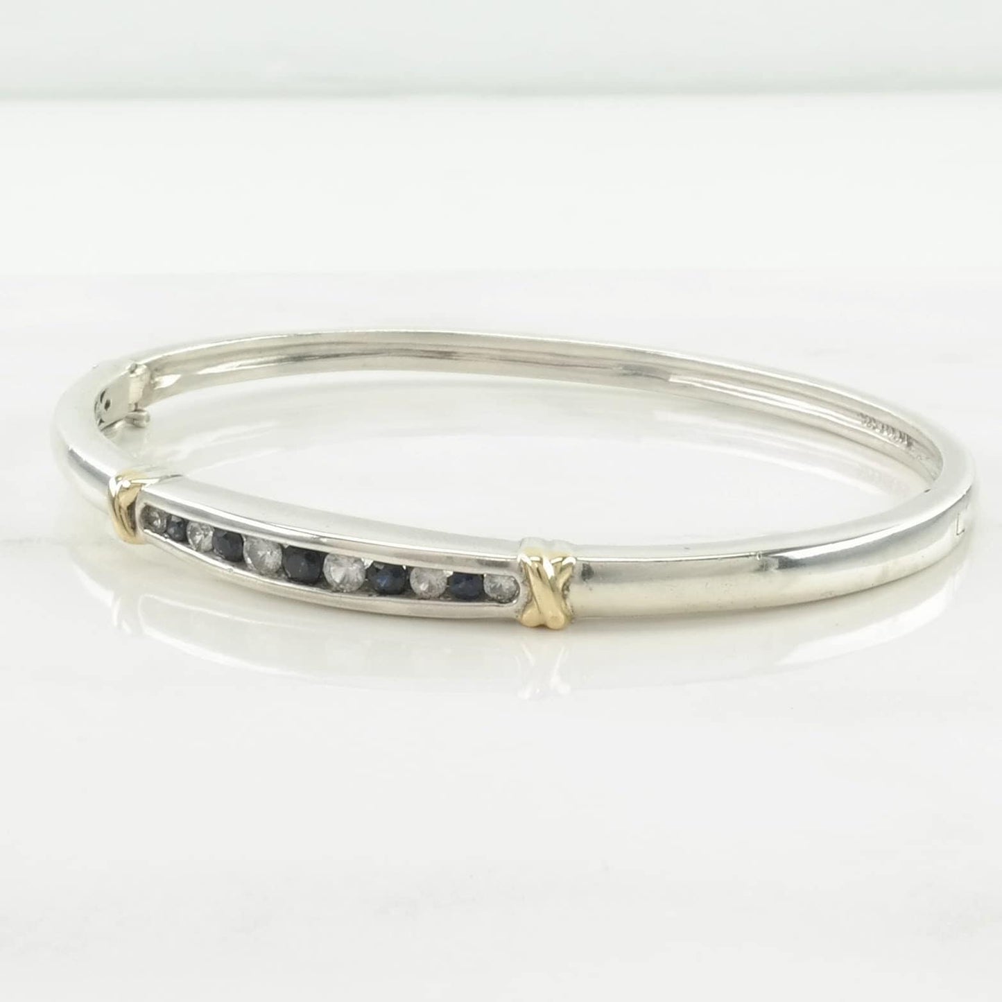 Designer Sterling Silver Bangle Bracelet Dark Blue, White Sapphire 14k Gold Accent