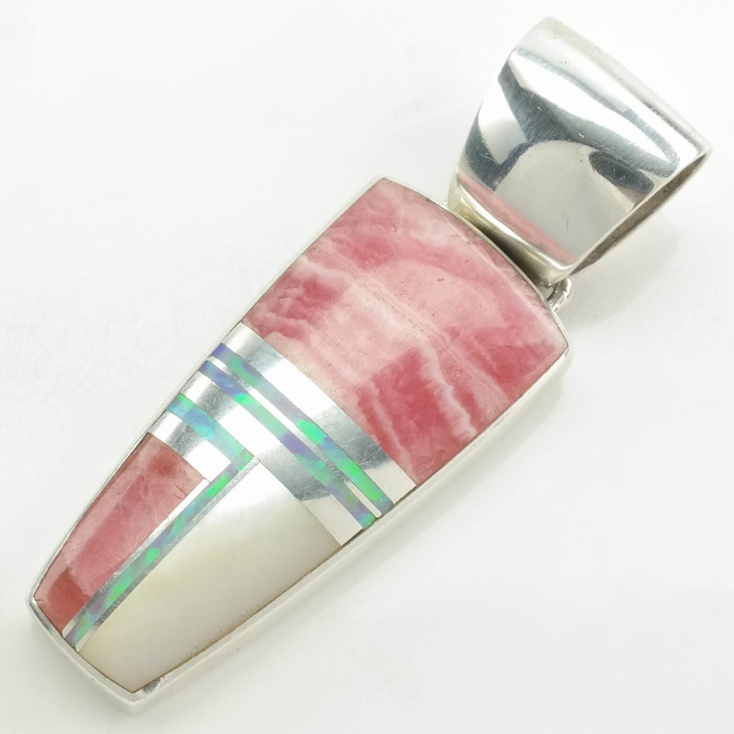 Vintage Southwest Rhodochrosite, Opal, MOP Inlay Sterling Silver Pendant