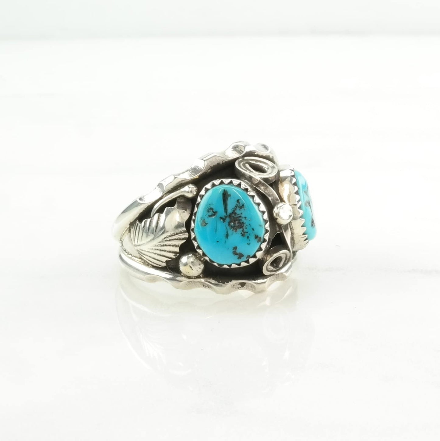 Native American Silver Ring Turquoise Leaf Sterling Blue Size 12 3/4