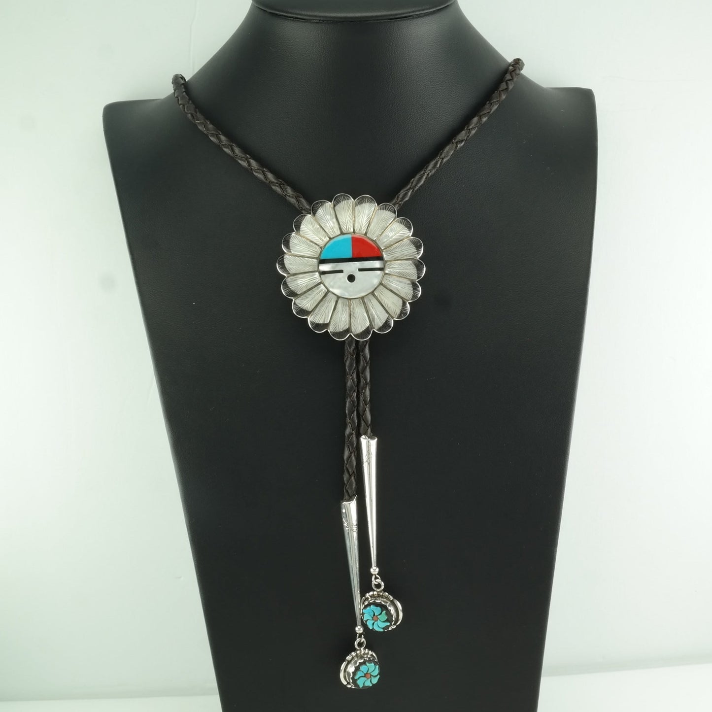 Vintage Bolo Tie Native American Sterling Silver Feather, Sun Inlay Necklace