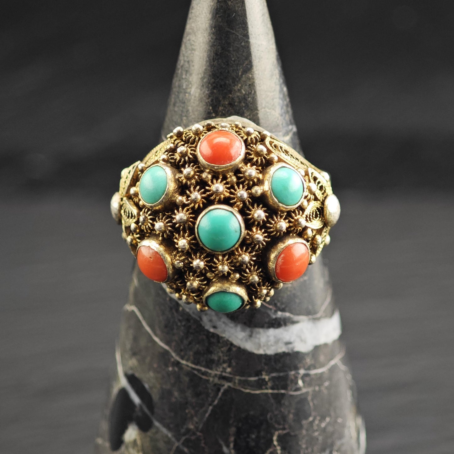 Chinese Export Turquoise & Coral Gold Gilded Ring Sterling Silver Sz 8 1/4 R6618