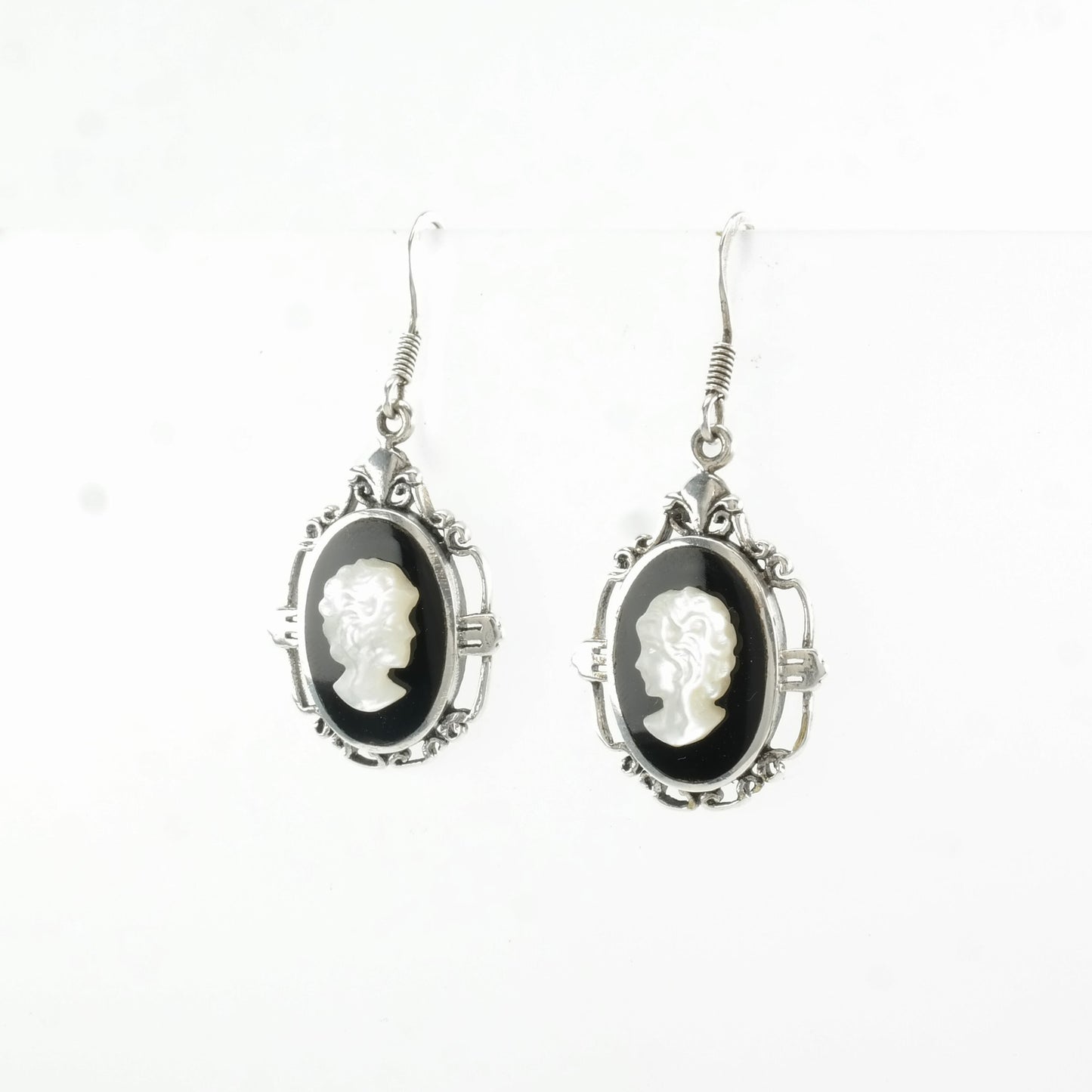 Sterling Silver Black, White MOP, Onyx Portrait Earrings Fish hook