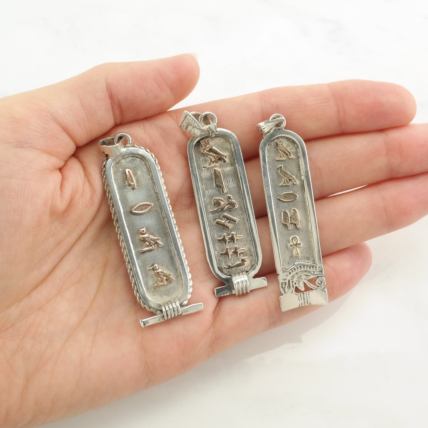 Vintage Egyptian Hieroglyph, Cartouche, Gold Accent Sterling Silver Pendant