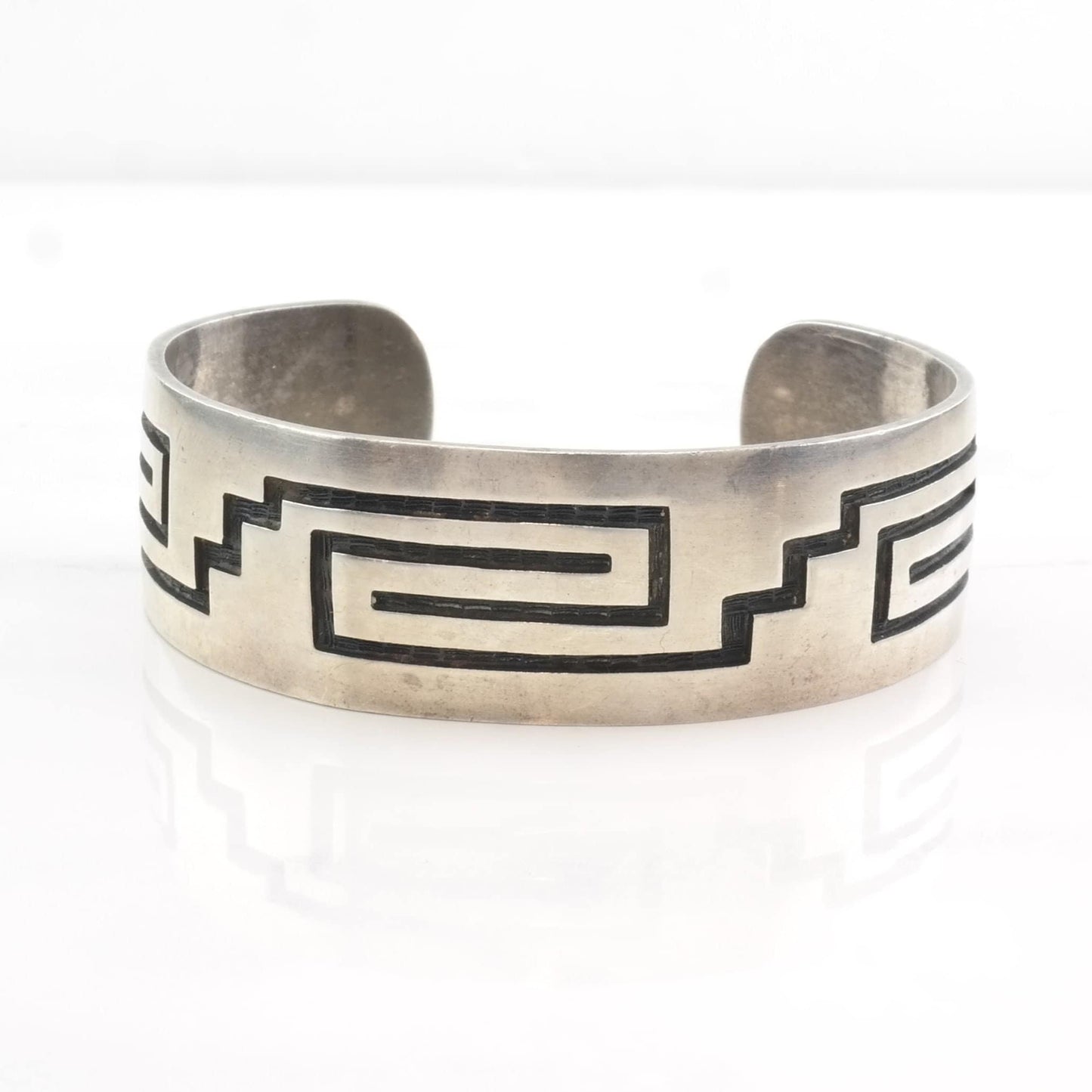 Important Overlay Hopi Cuff Bracelet , Native American Sterling Silver by Weaver Selina