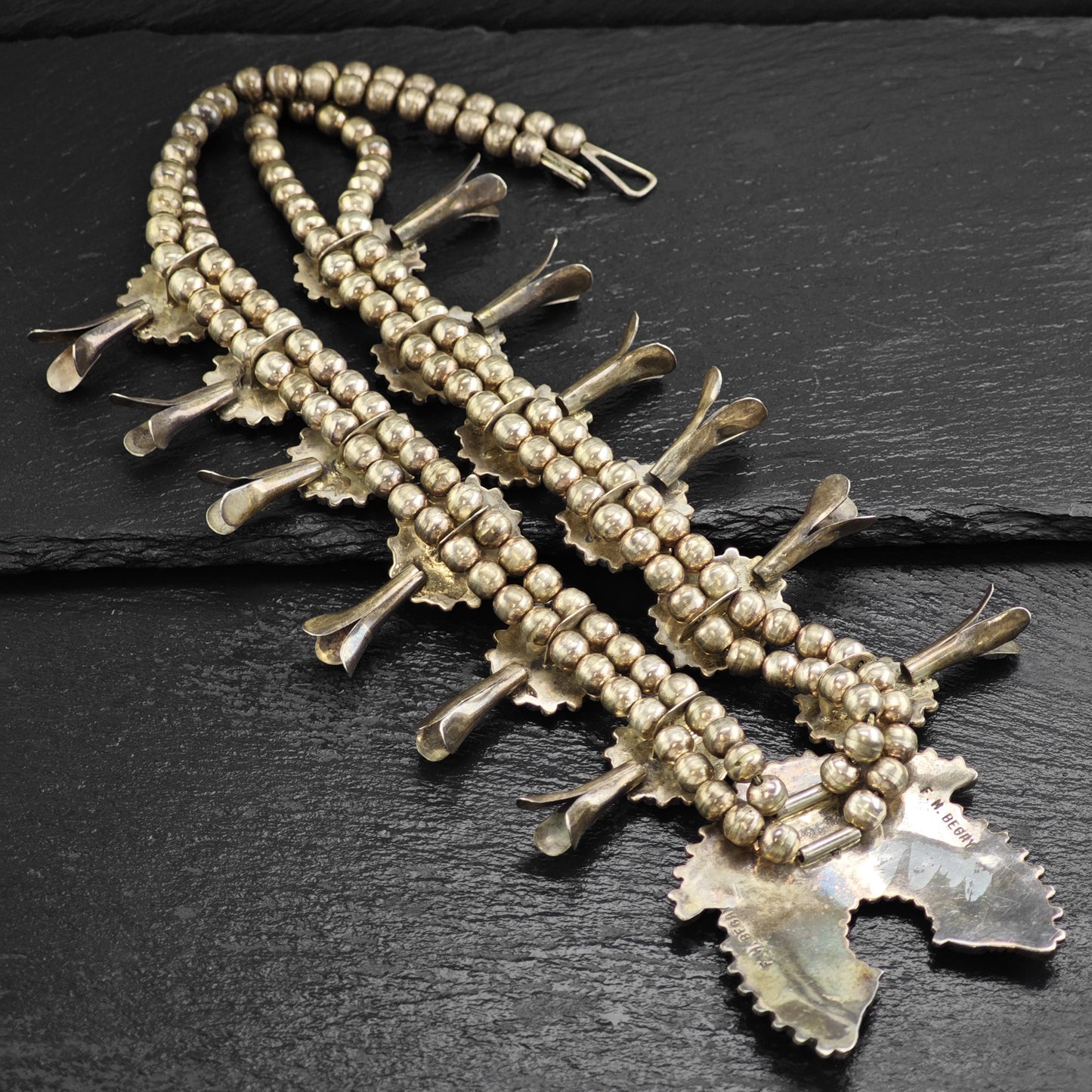 Vintage Navajo, Turquoise Floral Sterling Silver Squash Blossom Necklace