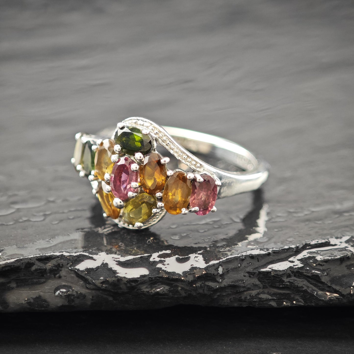 Natural Gem Flower Ring Sterling Silver Size 9