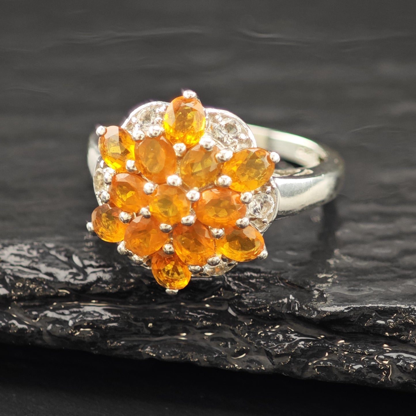 Sterling Silver Ring Orange Gemstone Cluster Size 7 R6207