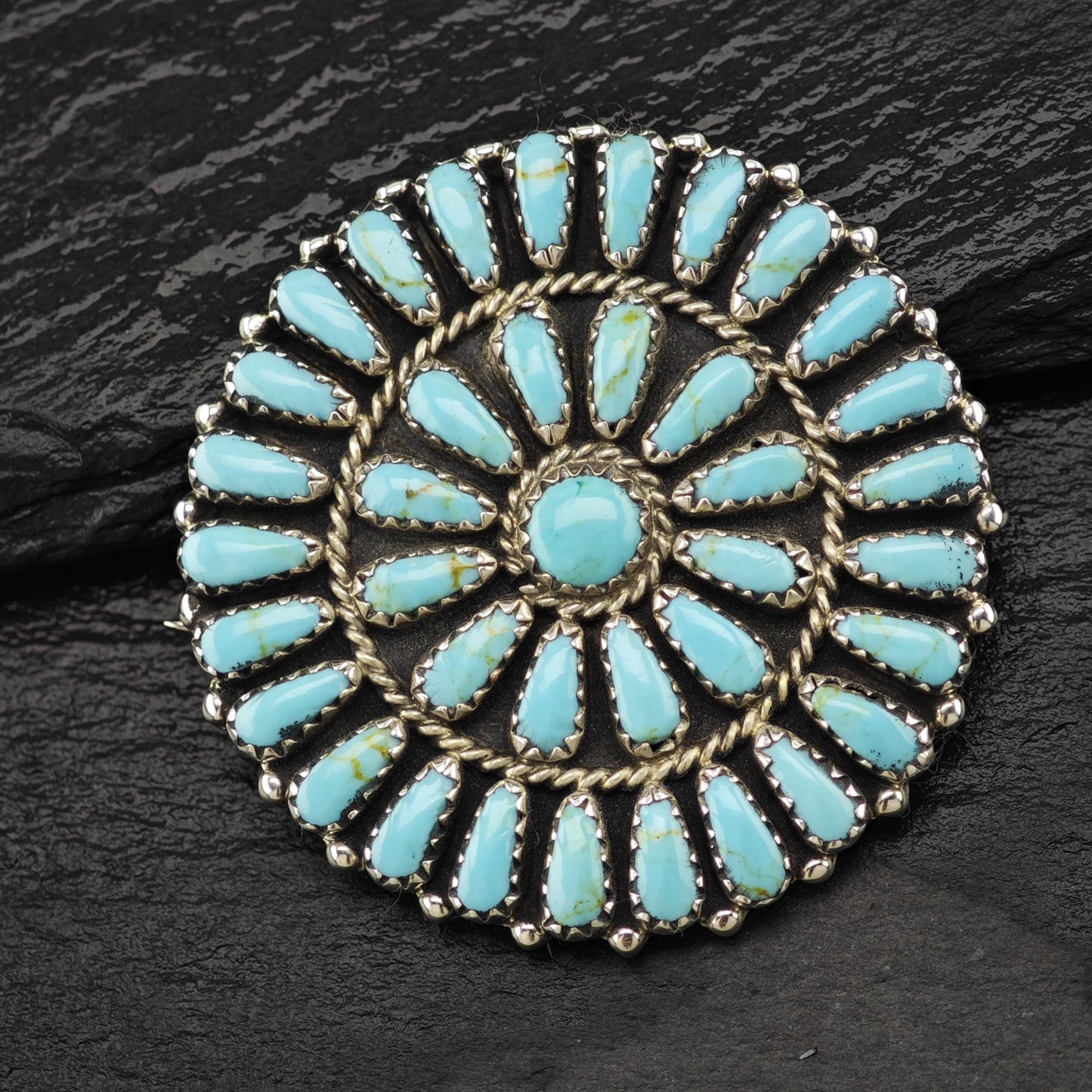 Vintage Southwest Sterling Silver Brooch Cluster, Blue Block Turquoise