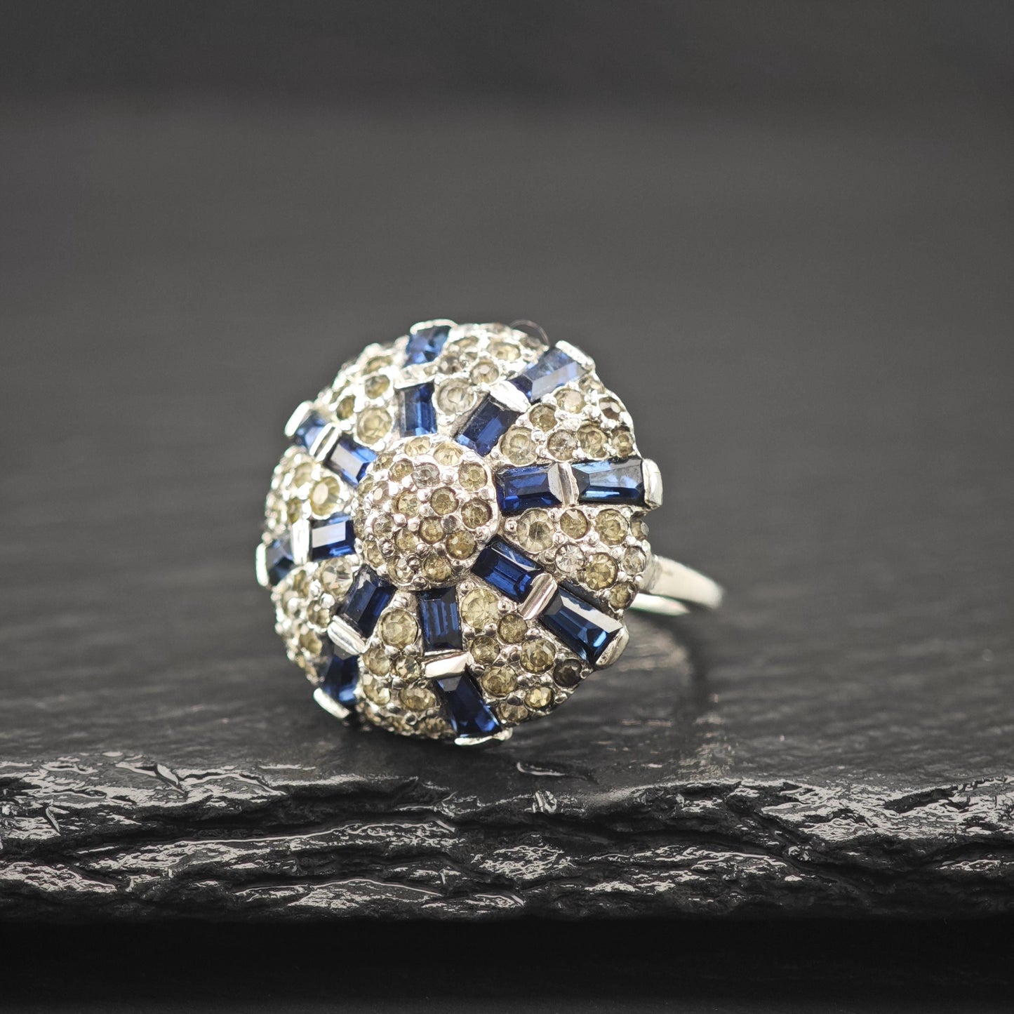 Art Deco Blue and White Dome Ring Sterling Silver Shank