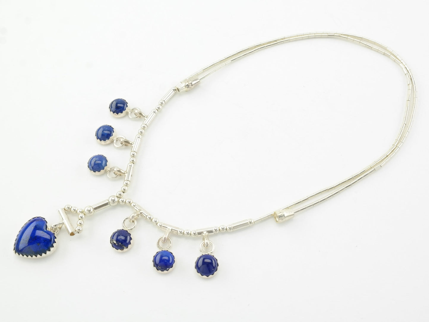 Southwest Sterling Silver Blue Lapis Lazuli Heart, Beaded Necklace