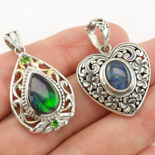 Vintage Gemstone, Diopside, Opal Teardrop, Heart Sterling Silver Pendant