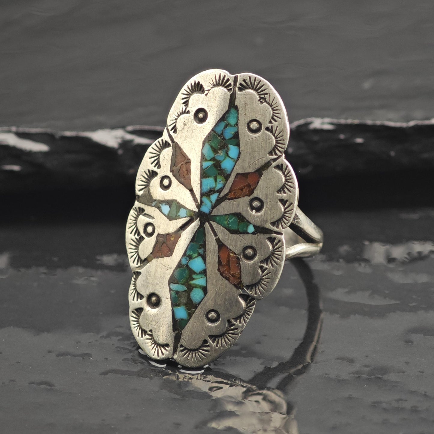 SW Turquoise & Coral Shield Inlay Sterling Silver Ring Sz 7 R6665