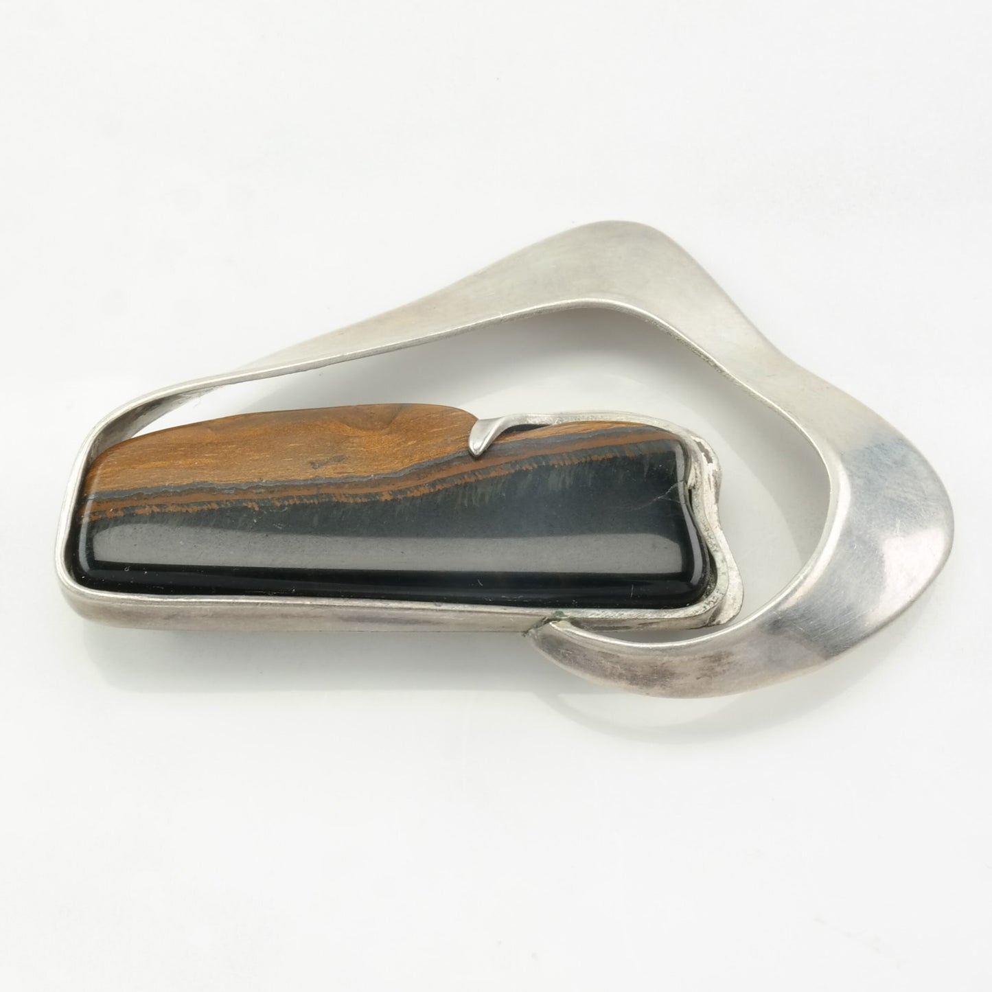 Modernist Tiger's Eye Brooch Sterling Silver Abstract