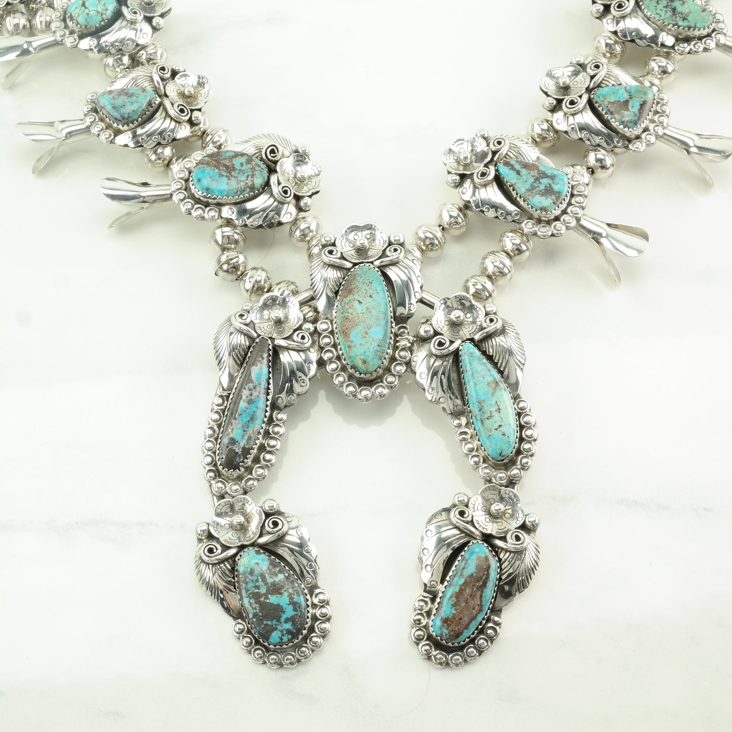 Vintage Native American Sterling Silver Blue Turquoise Floral Squash Blossom Necklace