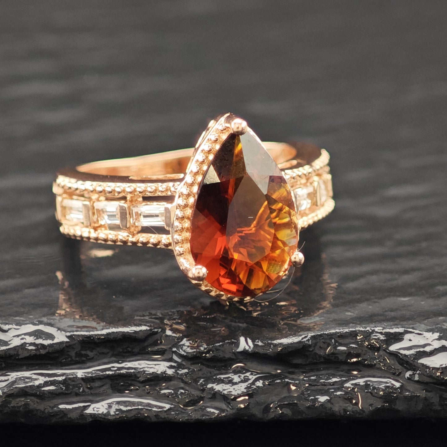 Natural Garnet Teardrop 14K Rose Gold Plated Ring Sterling Silver Sz 6 R6168