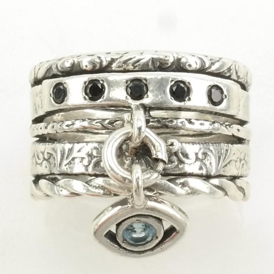 Vintage Israel Silver Ring Topaz, Evil Eye Removeable Hanging Charm Sterling Blue Size 9 1/4