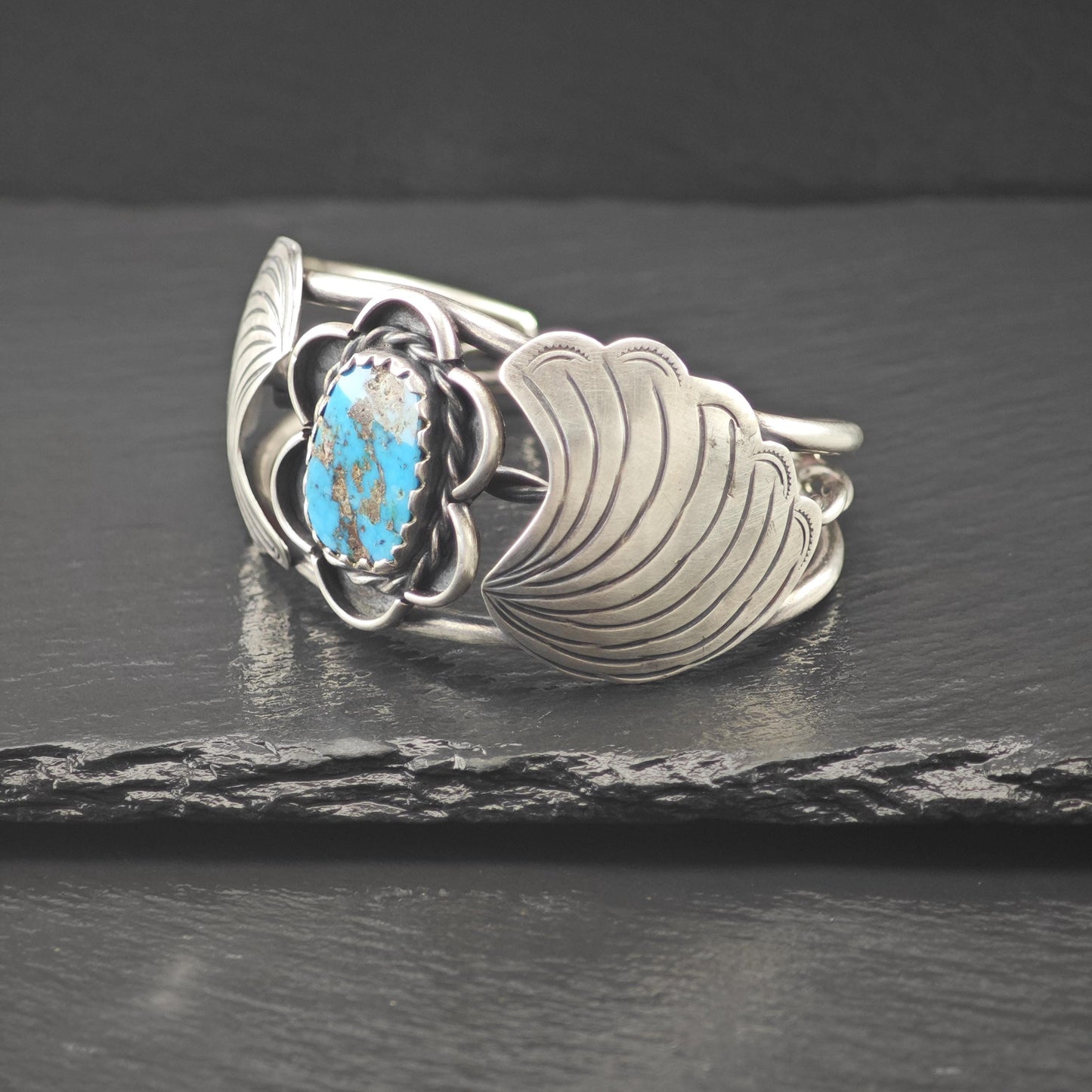 Signed Native American Bisbee Turquoise Floral Cuff Bracelet Sterling Silver