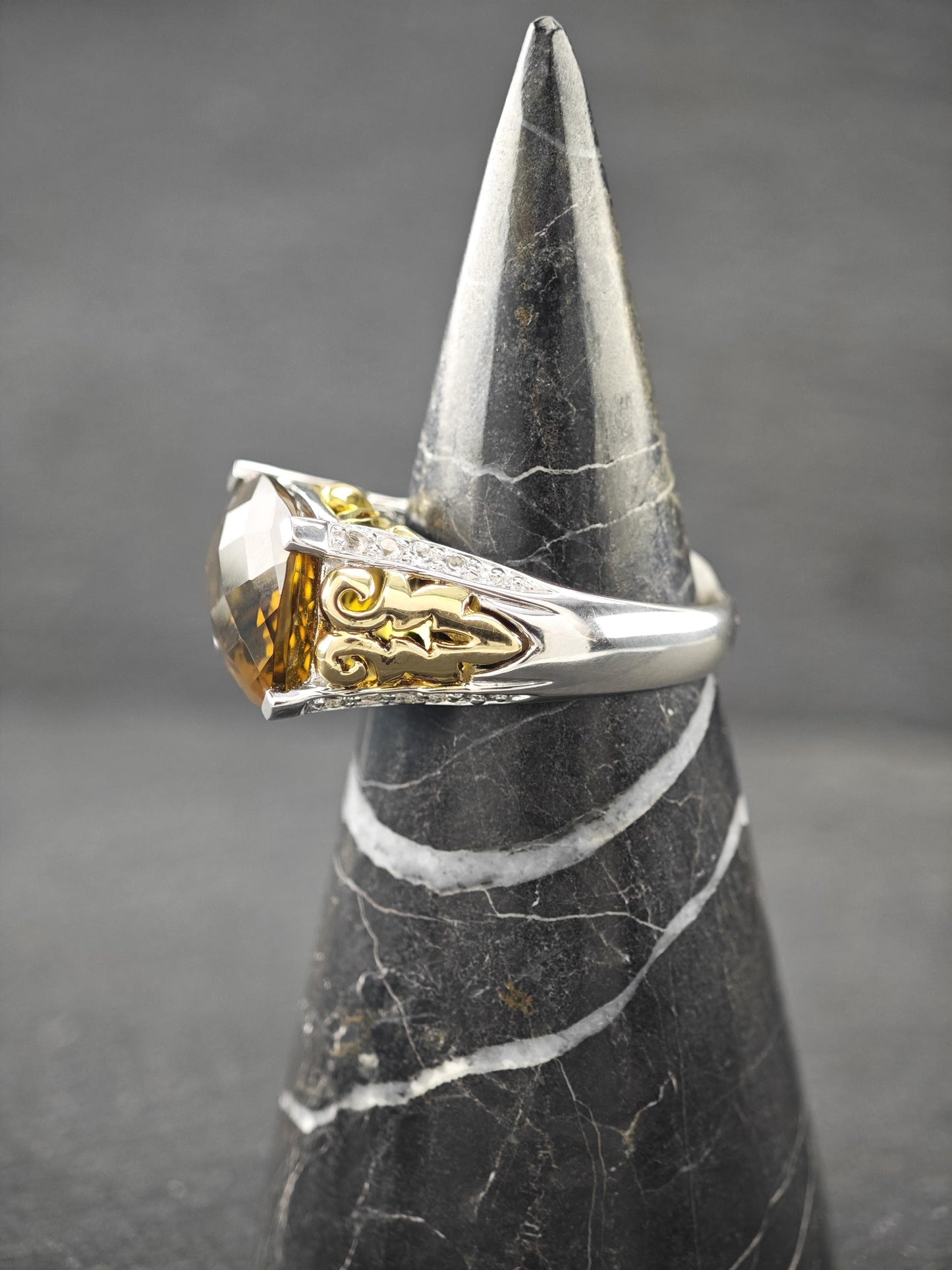 Duo Tone, Smoky Quartz & White Topaz Ring Sterling Silver