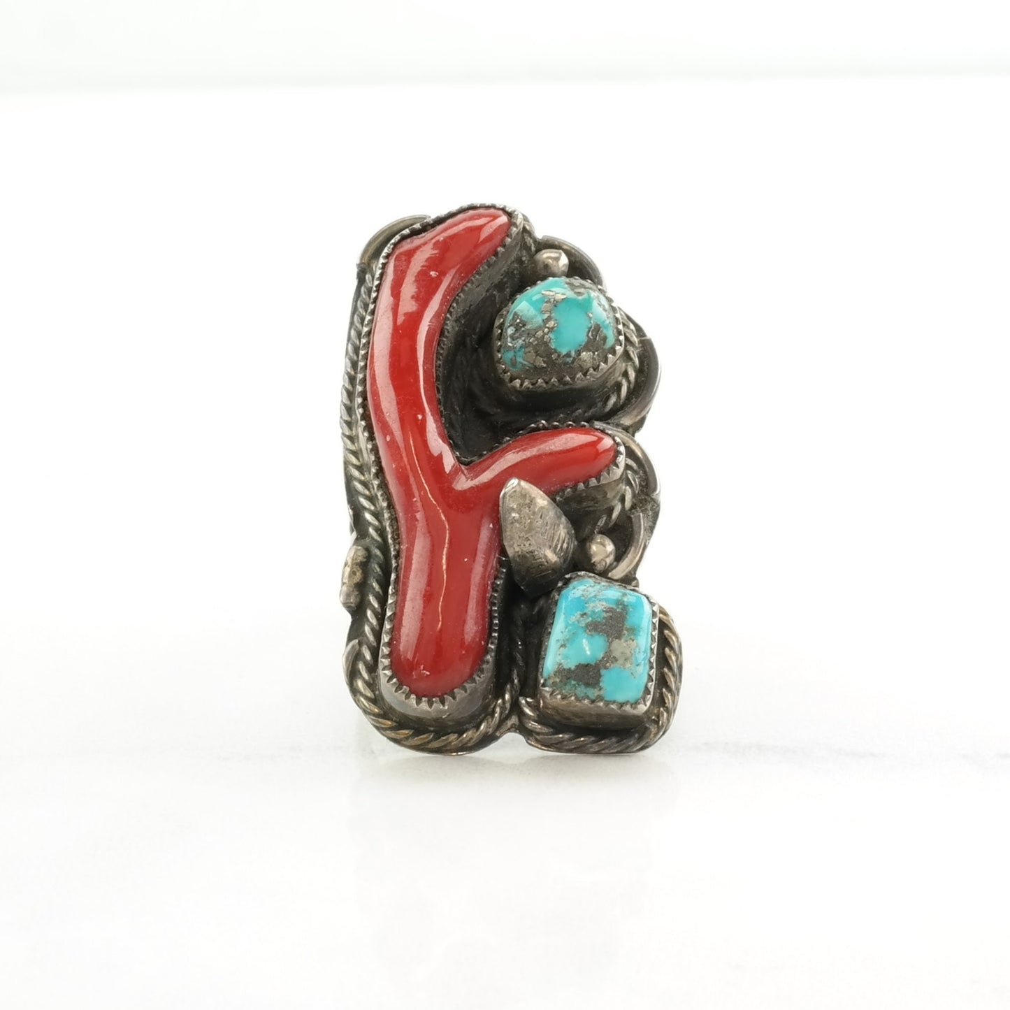 Native American Silver Ring Turquoise, Coral Sterling Blue, Red Size 7