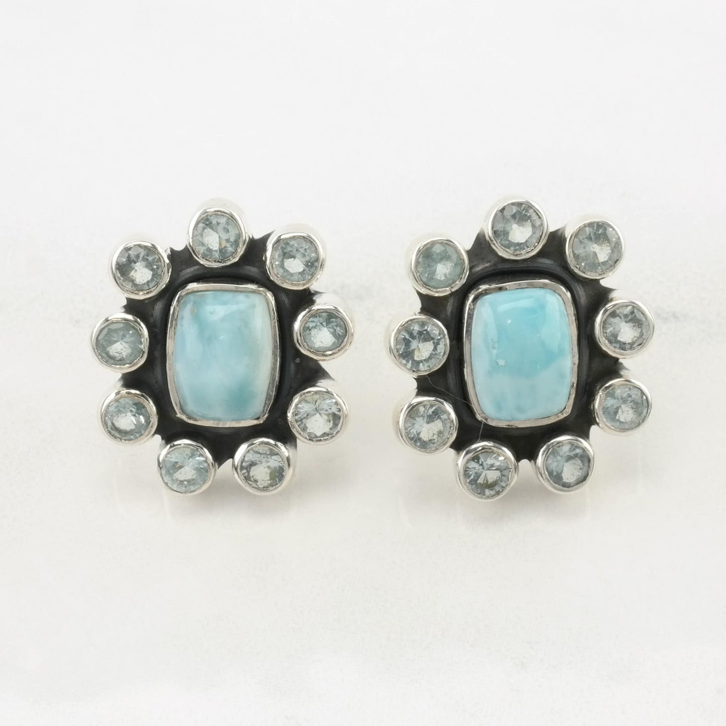 Sterling Silver Stud Earrings Blue Larimar, Aquamarine Cluster