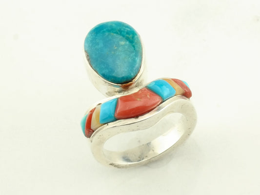 Sterling Silver Turquoise Coral Cobblestone Inlay Ring