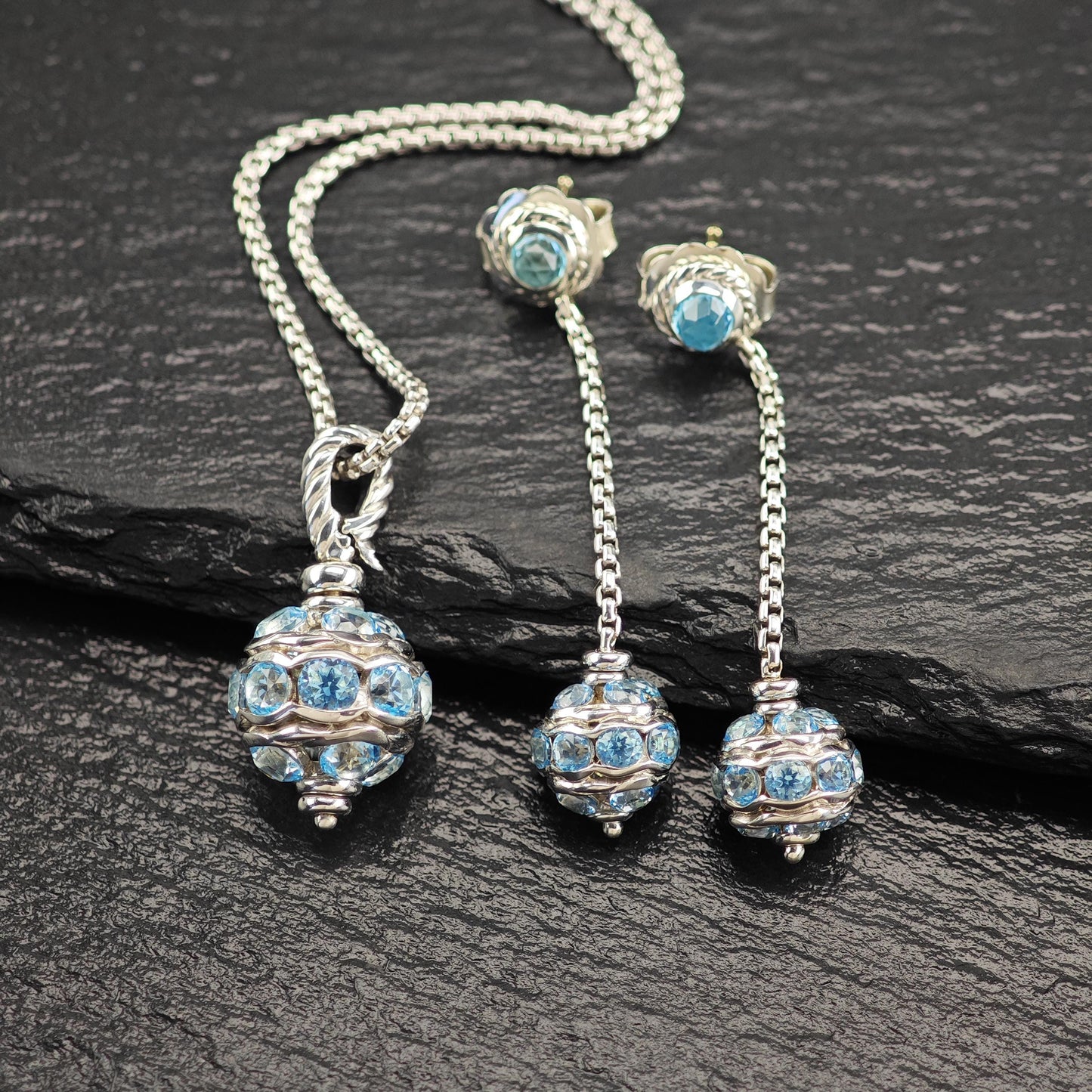 David Yurman Blue Topaz, 18K Gold Post Sterling Silver Earring/Necklace Set